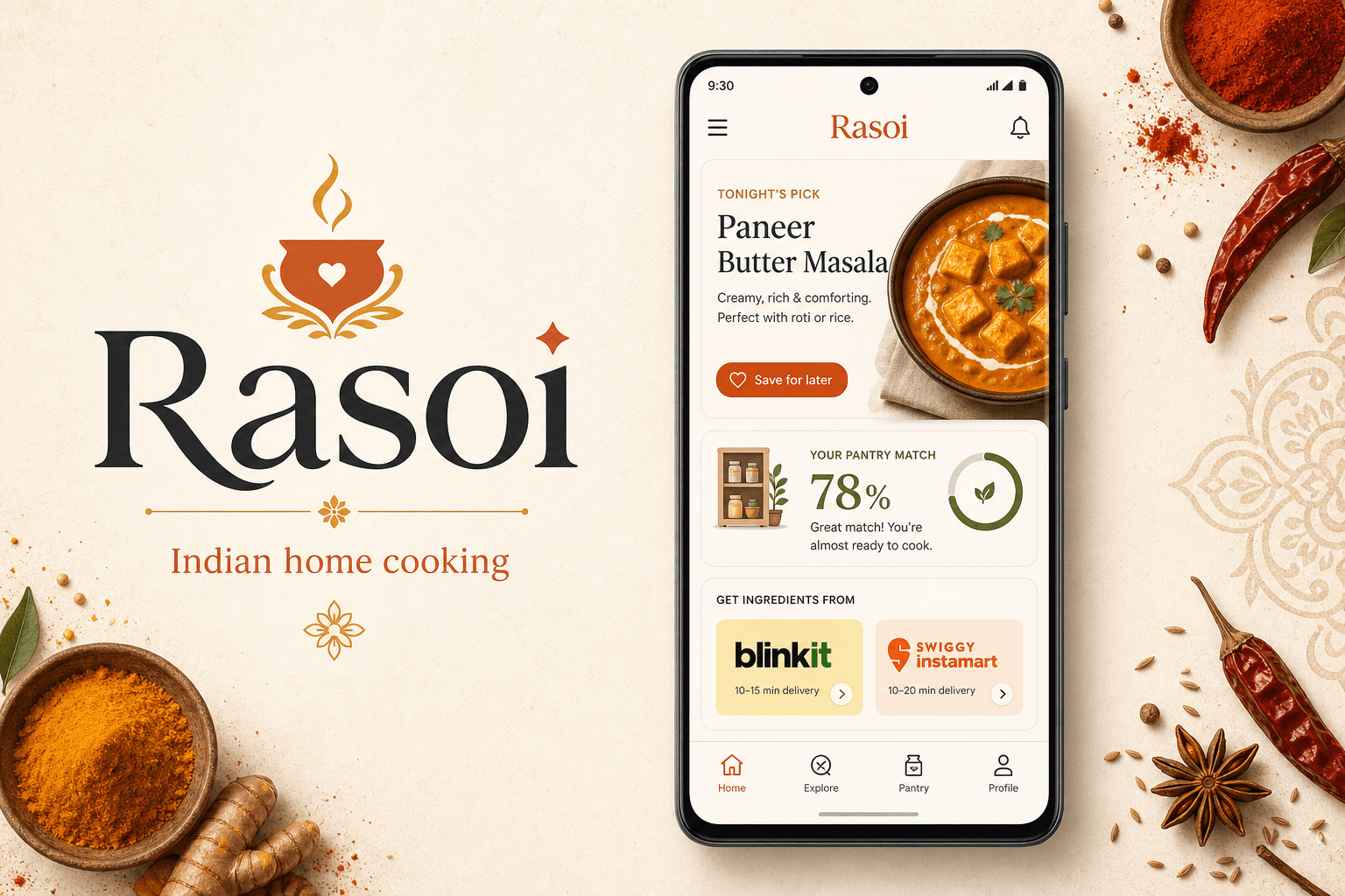 Rasoi app preview — Indian home cooking on your phone